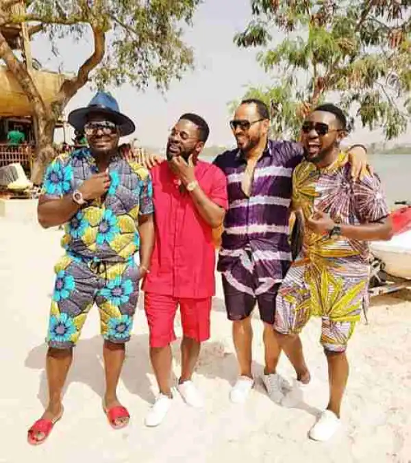 AY, Falz, Jim Iyke And Ramsey Nouah Hang Out On Set Of "Yoruba Demons" (Photos)